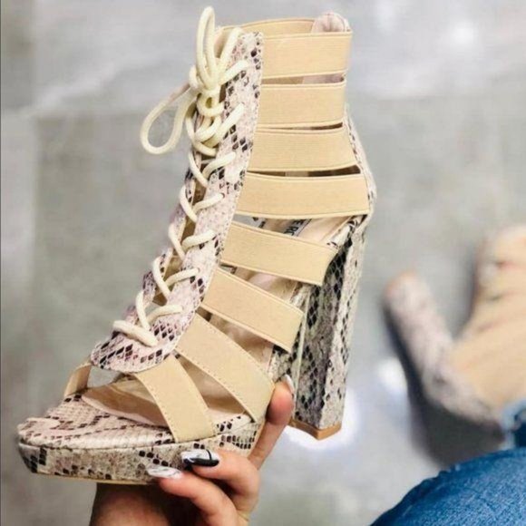 Shoes - !! NEW !! Snakeskin Platform Lace Up Heels in Nude